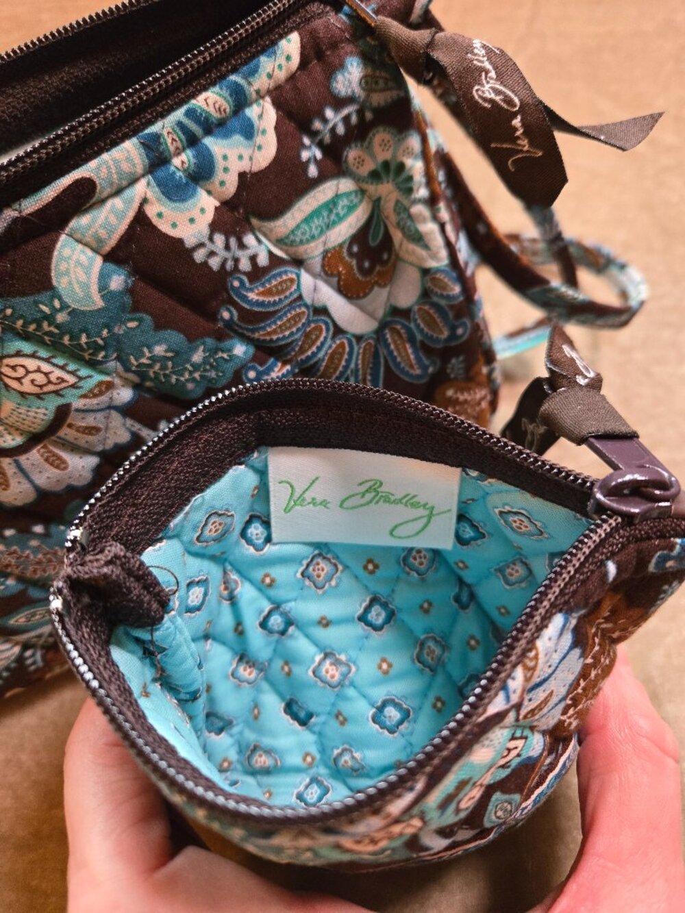 Vera Bradley Floral Shoulder Bag Set – Blue Brown Paisley Quilted Purse + Pouch - Picture 3 of 7